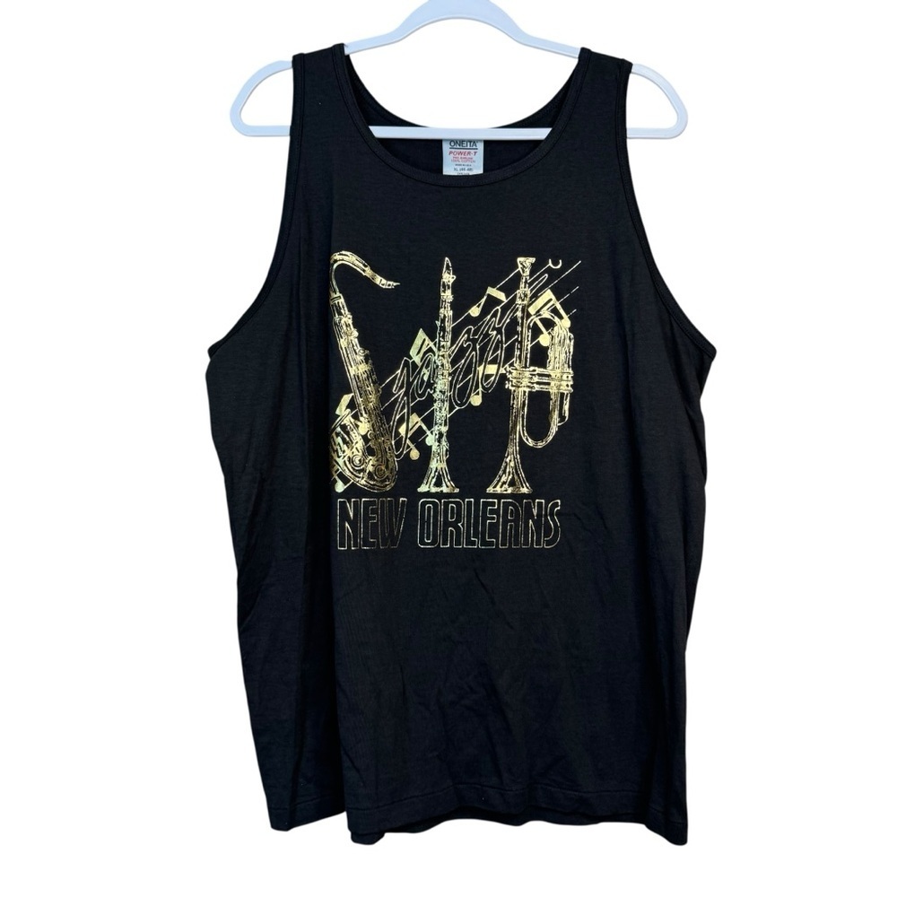 Vintage Oneita Power-T Black Gold Foil Tank Top 100% Cotton New Orleans XL L46